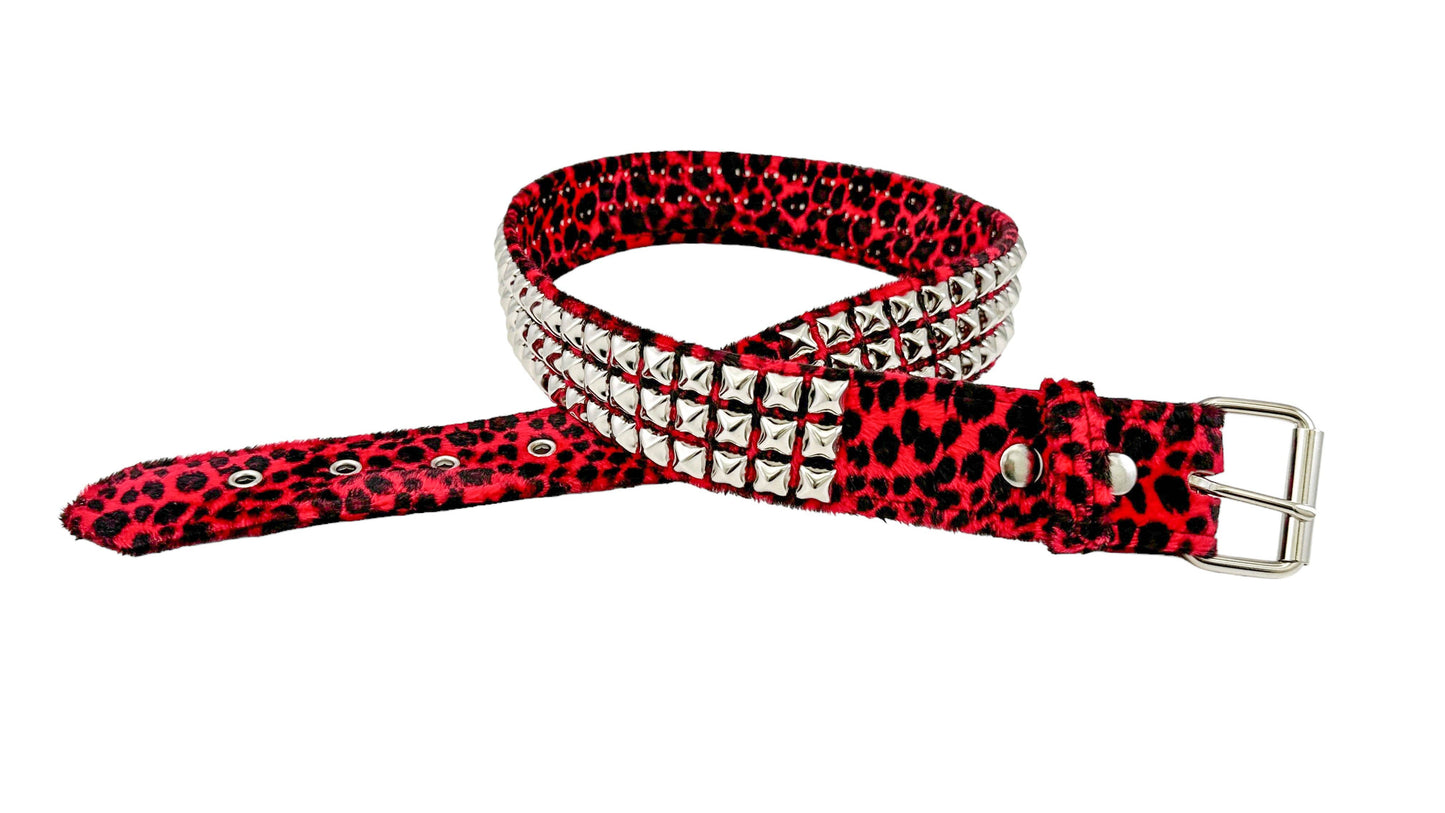 Leopard Fuzzy Fabric Studded Belt