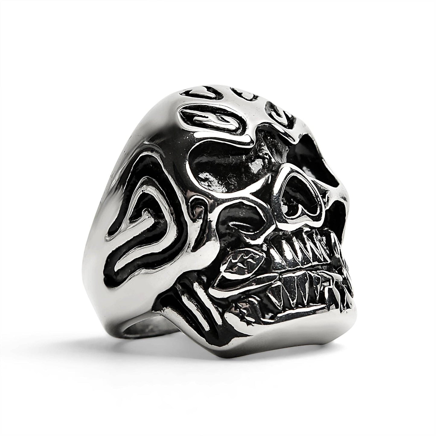 Stainless Steel Skull Biting a Red CZ Accented Rose Ring