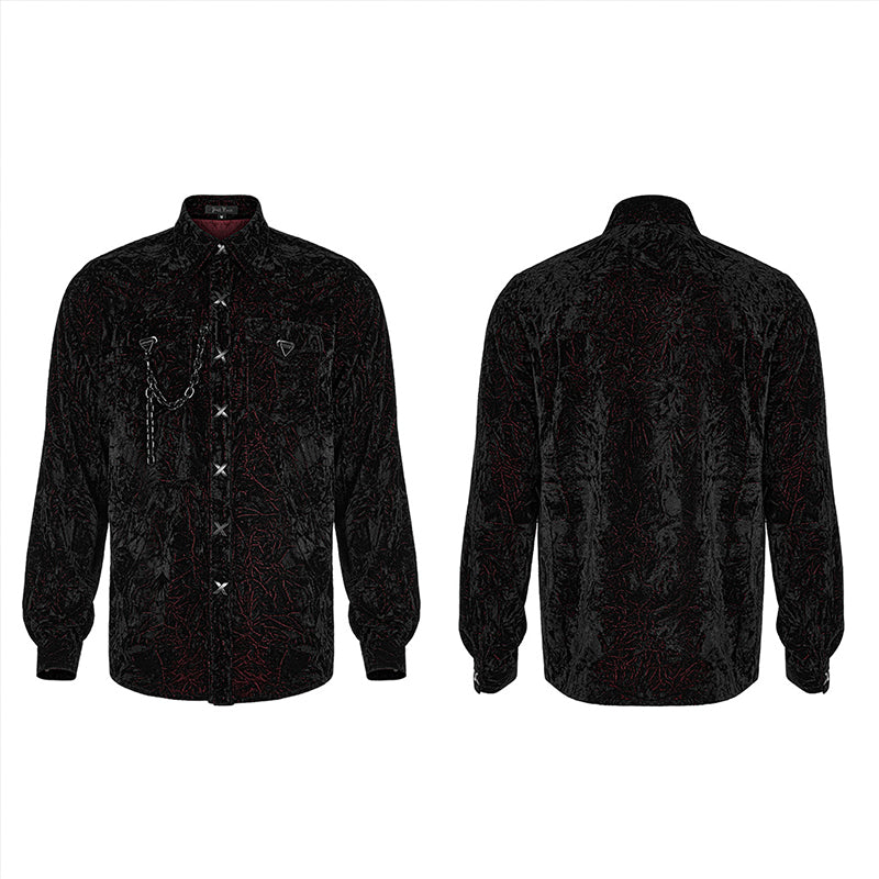 Gothic Dark Red Non-Elastic Velvet Wrinkled Effect Daily Shirt