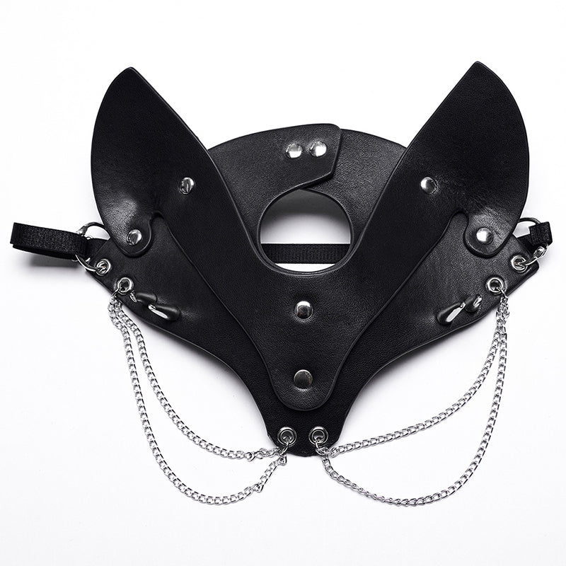 Feline Fatale: Adjustable Faux Leather Fox Mask with Exquisite Double Chains and Stud Decoration