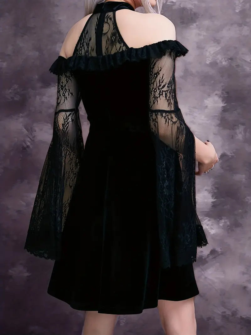 Gothic Style Lace Velvet Dress, Flared Sleeves Floral Lace Trim Dress