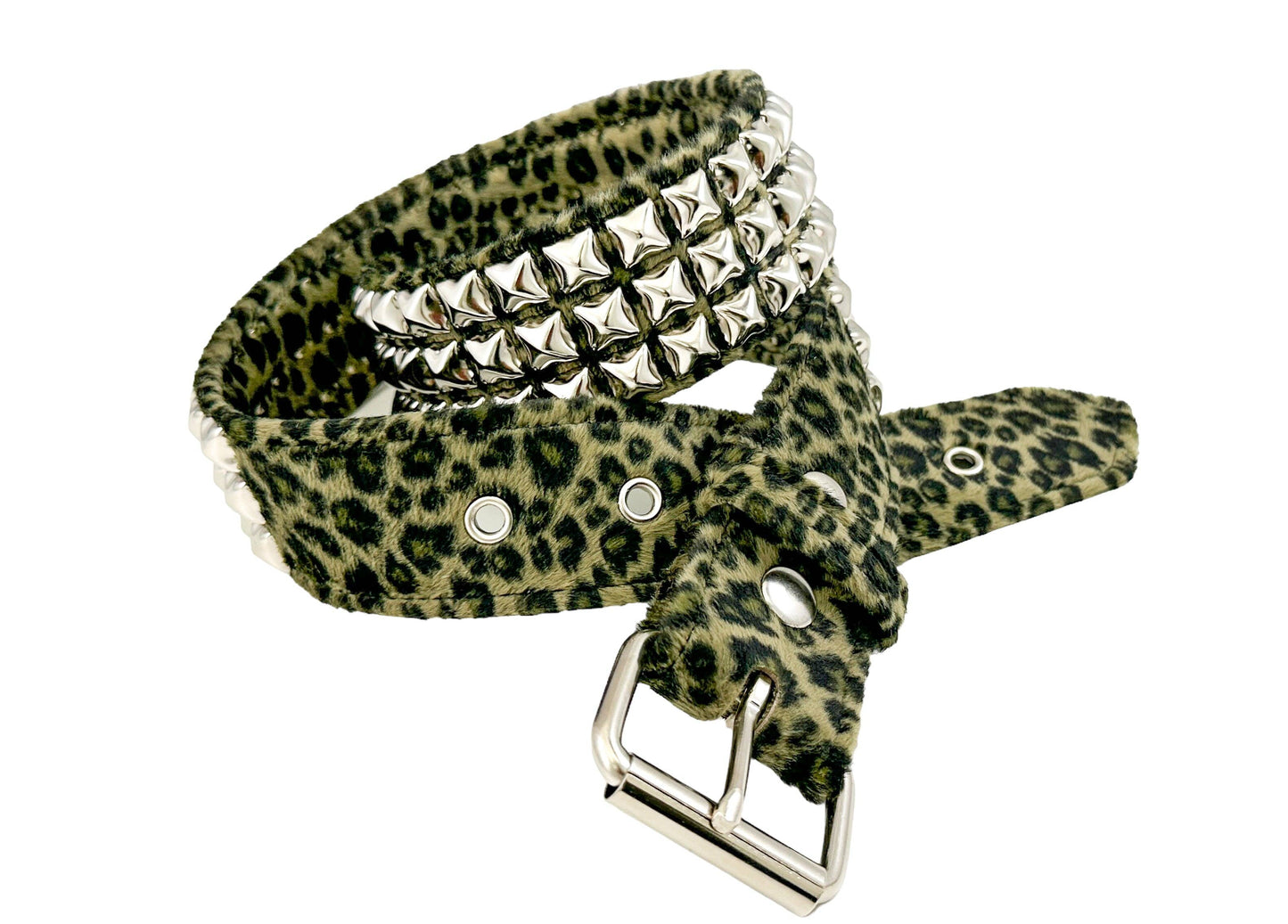 Leopard Fuzzy Fabric Studded Belt