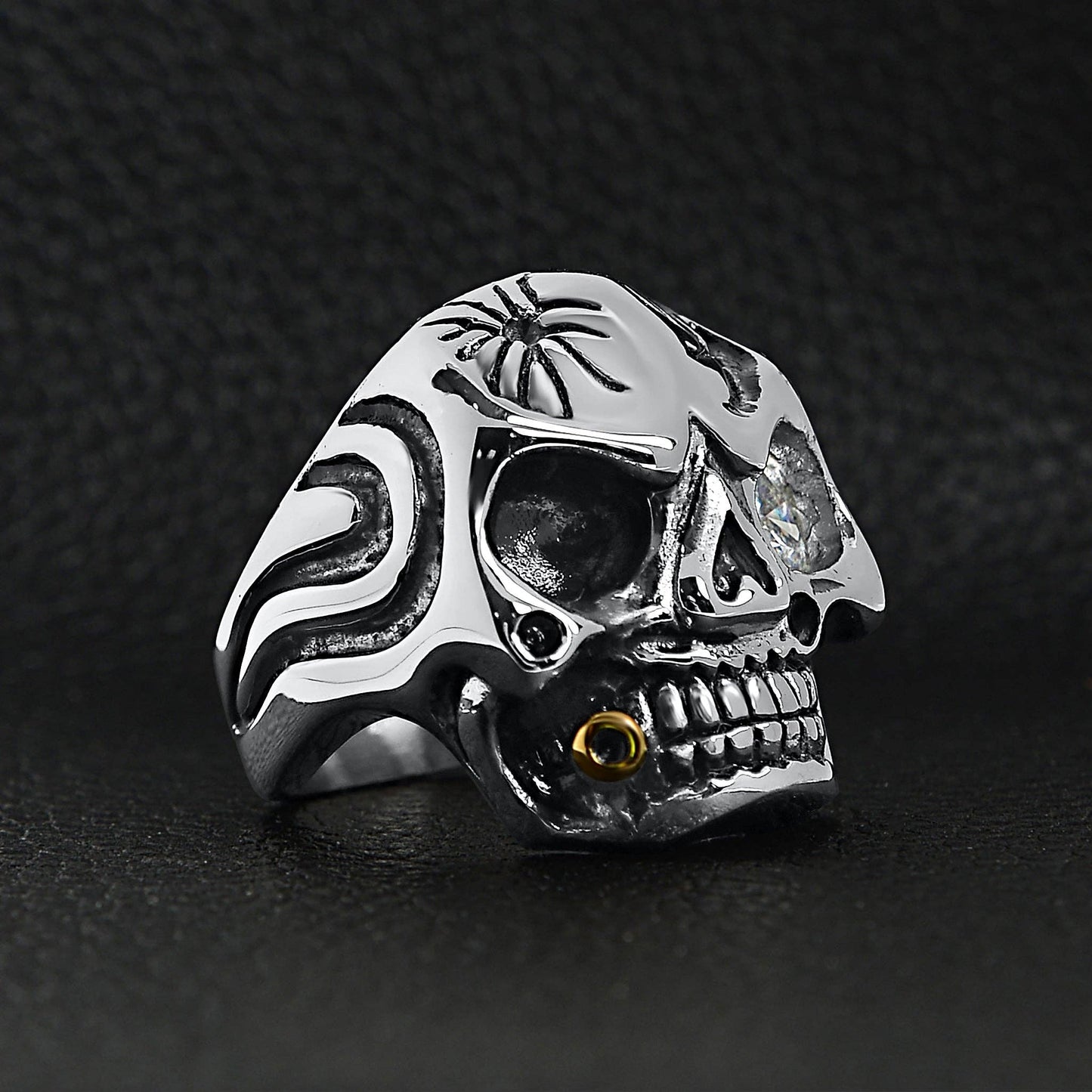 Stainless Steel Skull Smoking 18K Gold PVD Coated Cigar And Single CZ Eye Ring