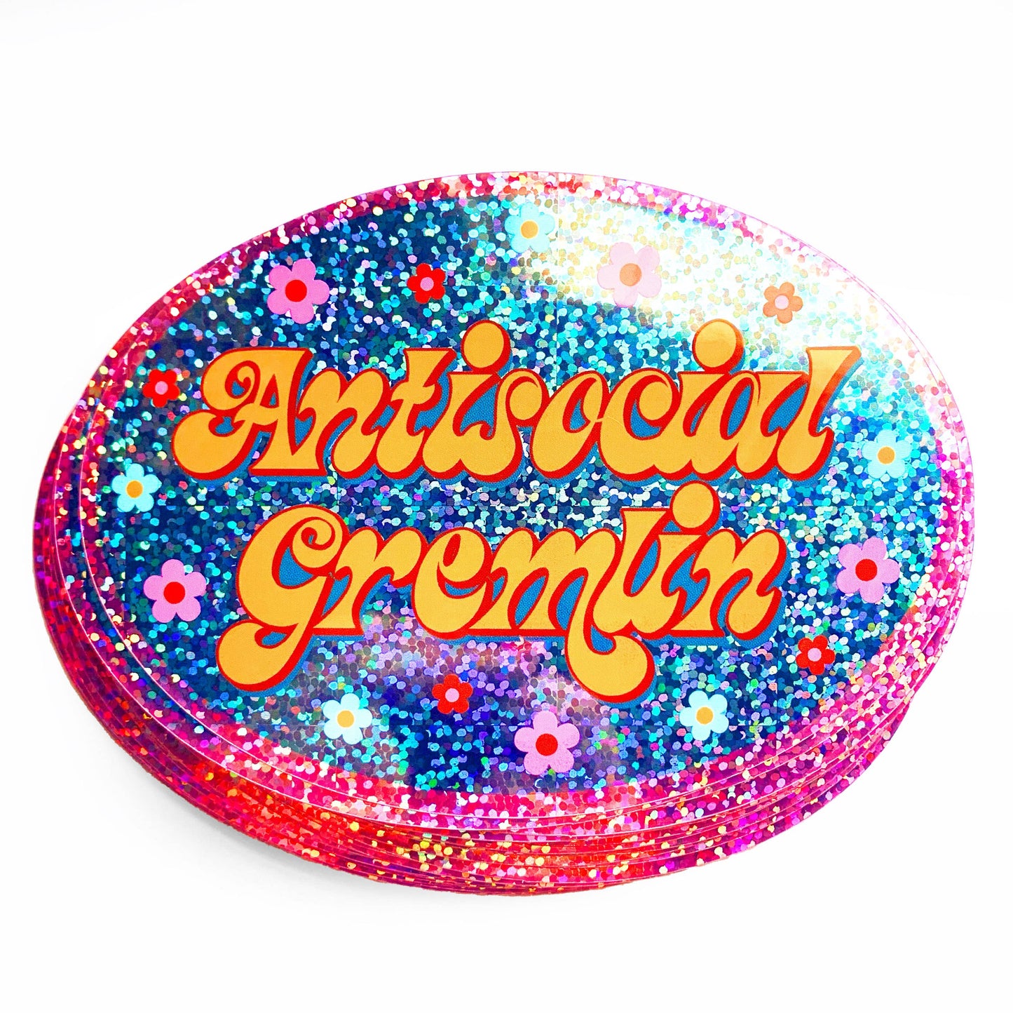 Antisocial Gremlin Retro Oval Holographic Glitter Sticker