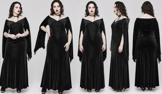 Enchantress' Embrace: Adjustable V-Neck Goth Dress with Exquisite Decal and Dramatic Sleeves