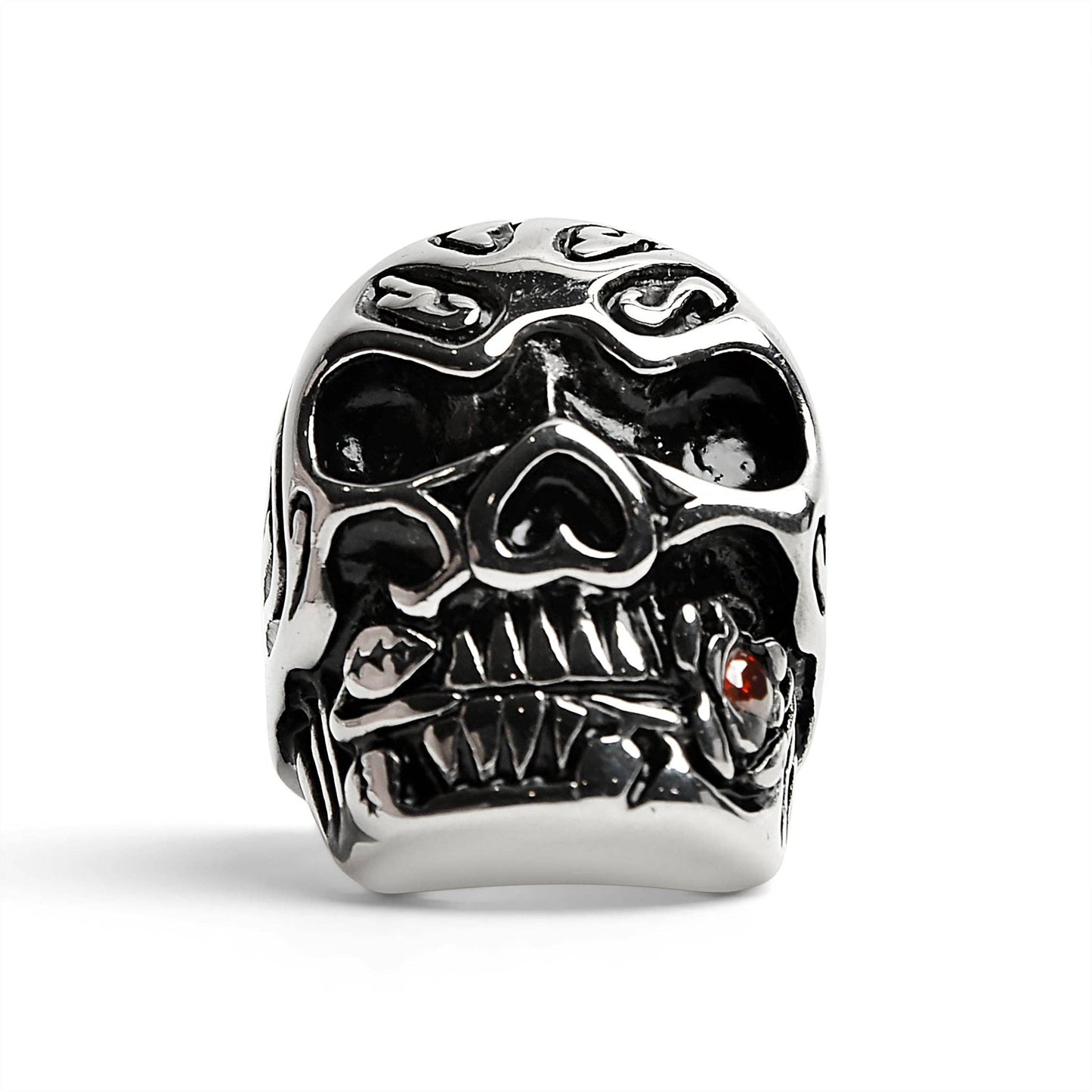 Stainless Steel Skull Biting a Red CZ Accented Rose Ring