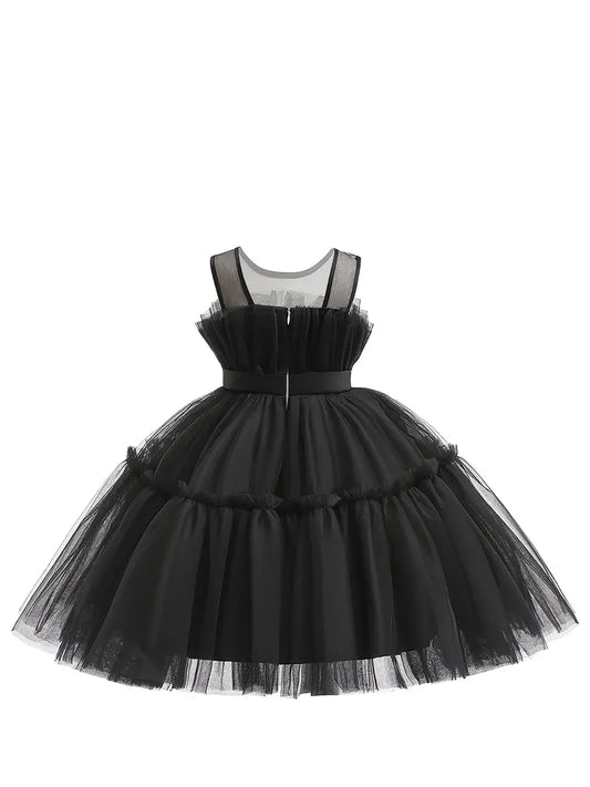Elegant Black Mesh Ruffled Sleeveless Princess Dress - Youth