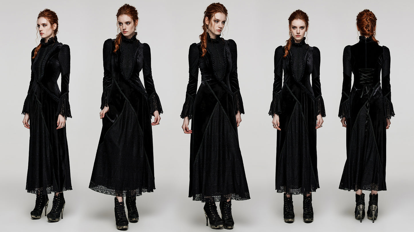 Ruffled Standing Collar With Flared Sleeves Elastic Velvet And Lace Gothic Daily Dress