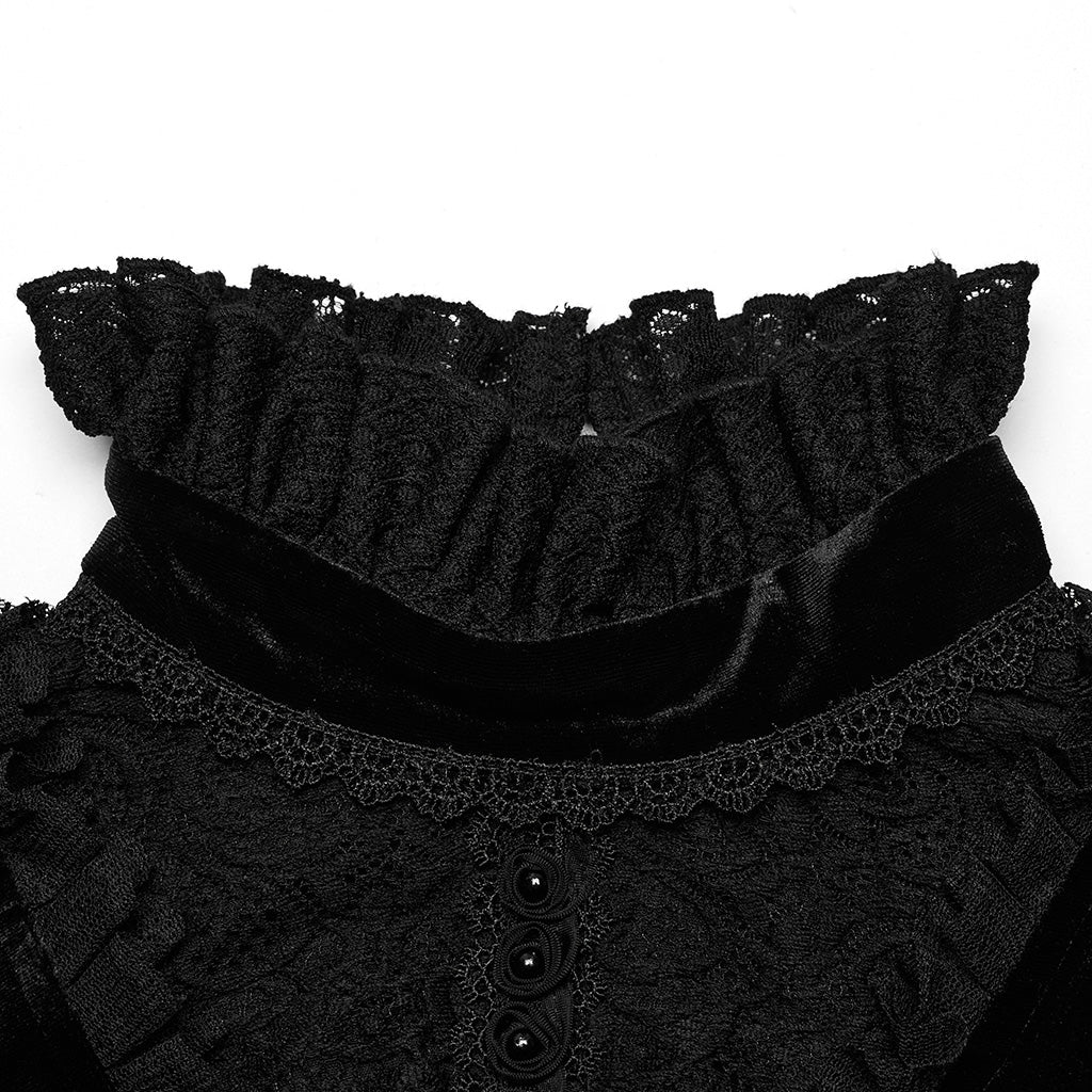 Ruffled Standing Collar With Flared Sleeves Elastic Velvet And Lace Gothic Daily Dress