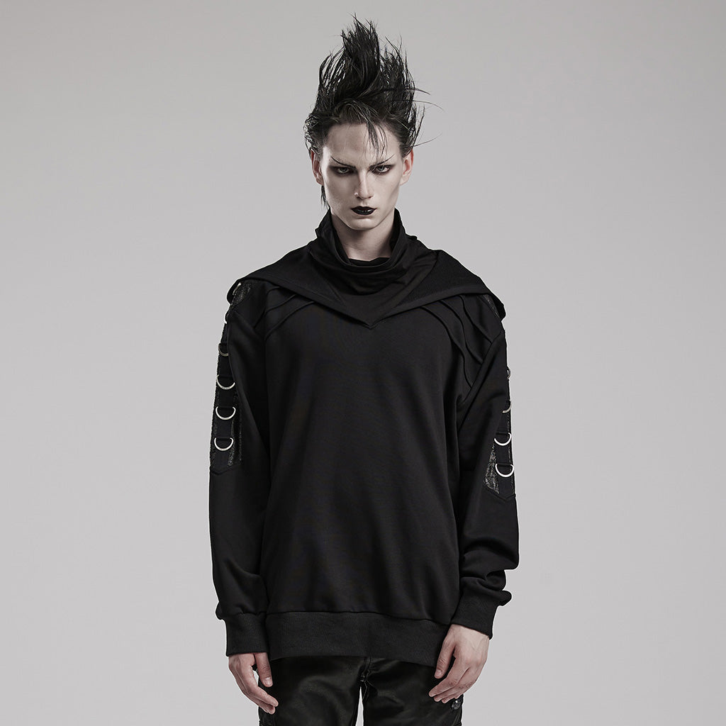 Hooded And Super High Extension Collar Buckle Arrayed Micro-Stretch Jersey And Crackled Faux Leather Fabric Punk Distinctive Loose Sweater