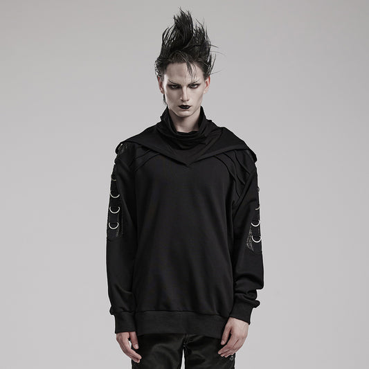 Hooded And Super High Extension Collar Buckle Arrayed Micro-Stretch Jersey And Crackled Faux Leather Fabric Punk Distinctive Loose Sweater
