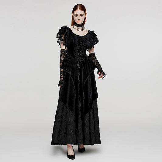 Flying Sleeve Design V-Shaped Applique Elastic Dense Velvet And Woven Pleated Fabric Goth Pointed Dress Skirt