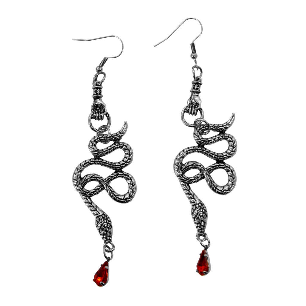 Hand Holding Snake with Red Gem Earrings-Black....