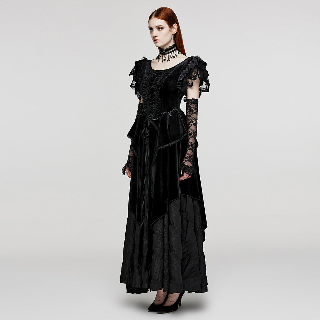 Flying Sleeve Design V-Shaped Applique Elastic Dense Velvet And Woven Pleated Fabric Goth Pointed Dress Skirt