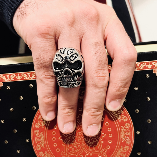 Stainless Steel Skull Biting a Red CZ Accented Rose Ring