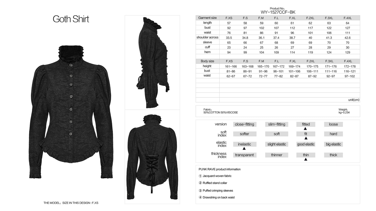 Vintage Court Style Shirt Goth Jacquard Puff Sleeves Stand Collar Shirt Women Slim Fitting Waistband Blouse