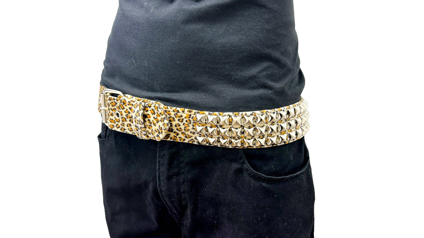 Leopard Fuzzy Fabric Studded Belt