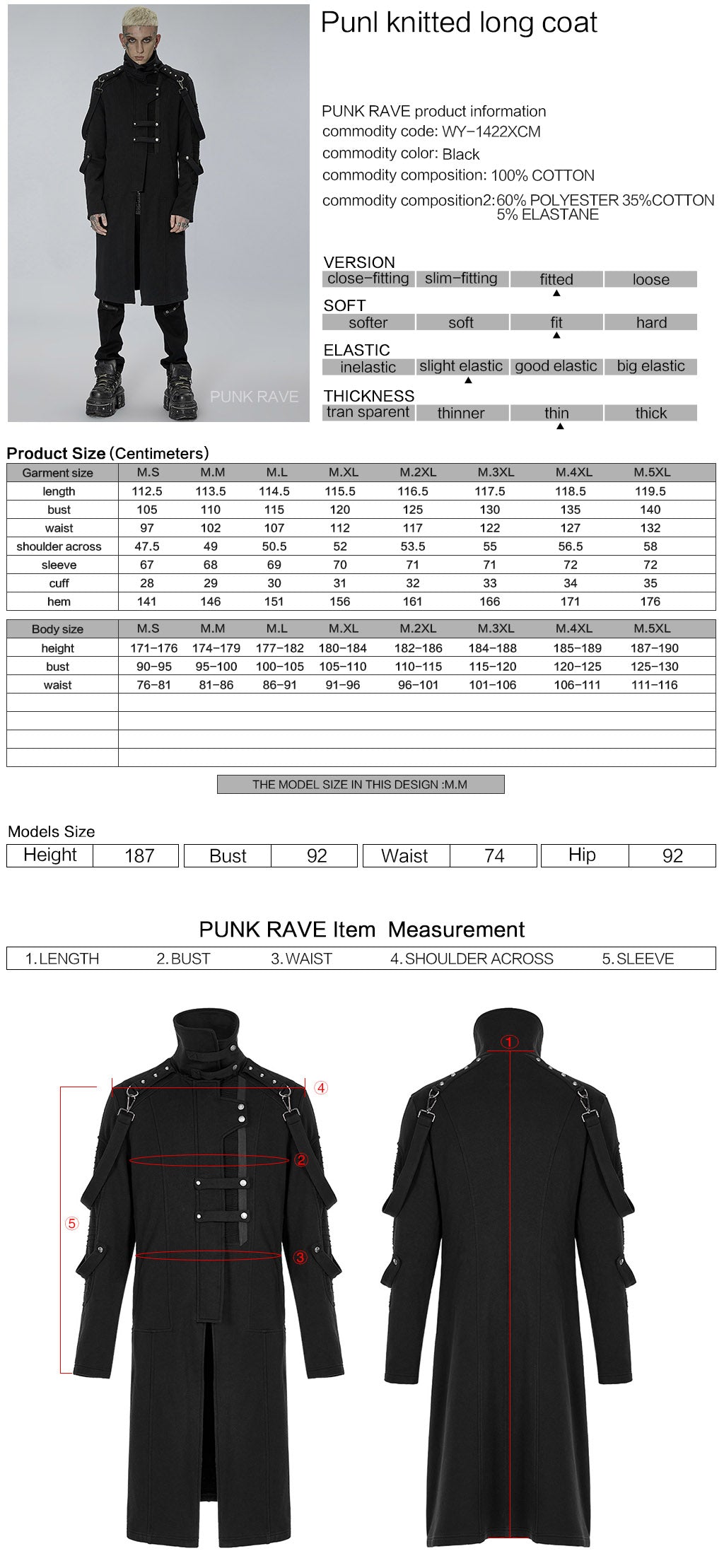 Men Autumn Winter Dark Black Punk Knitted Long Overcoat