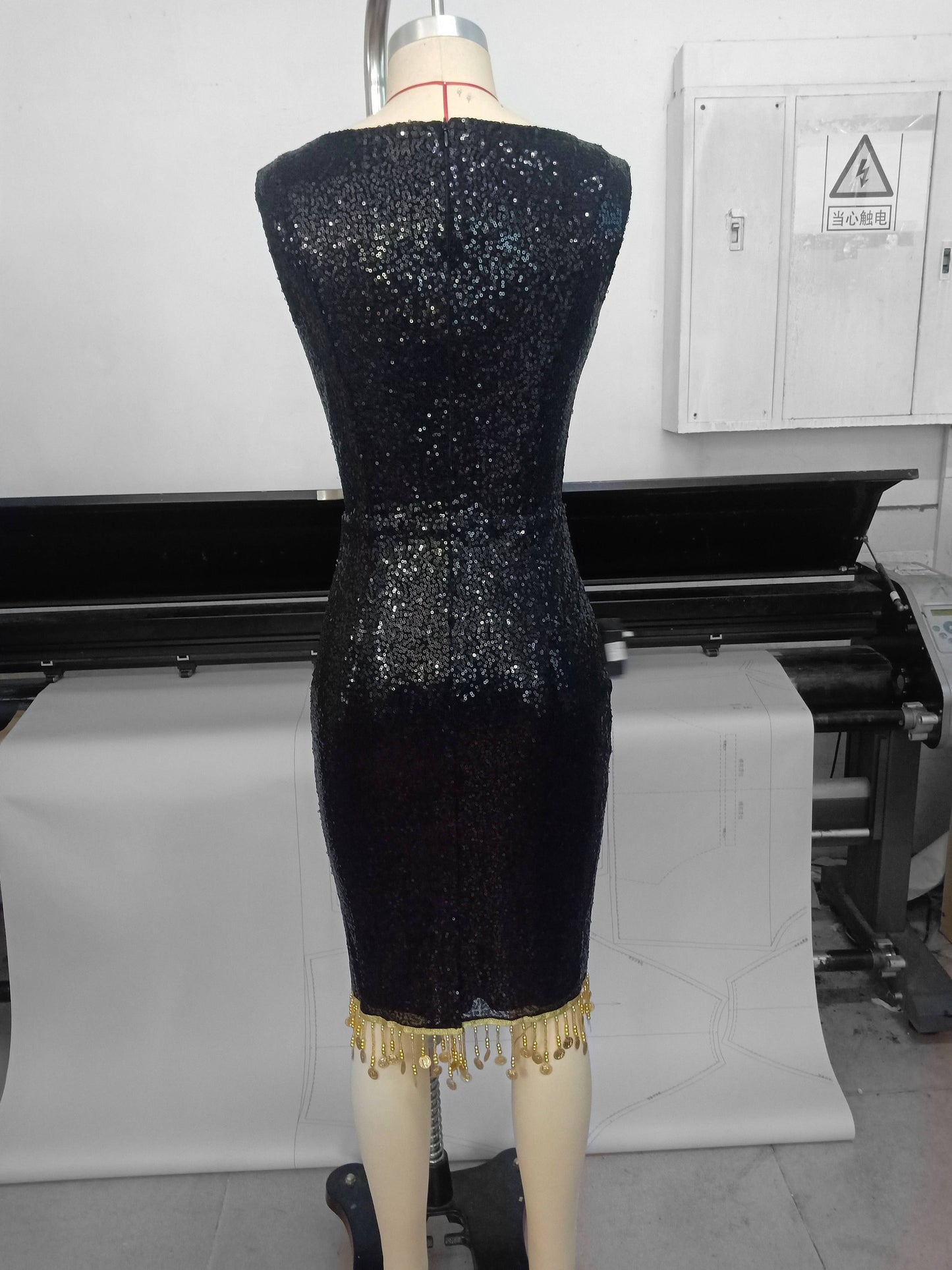 Pauline Sacred Heart Sequin Wiggle Dress - Black Sequin Wiggle Dress with Gold Beading & Sacred Heart Appliqué (Saint & Sinner Edition)