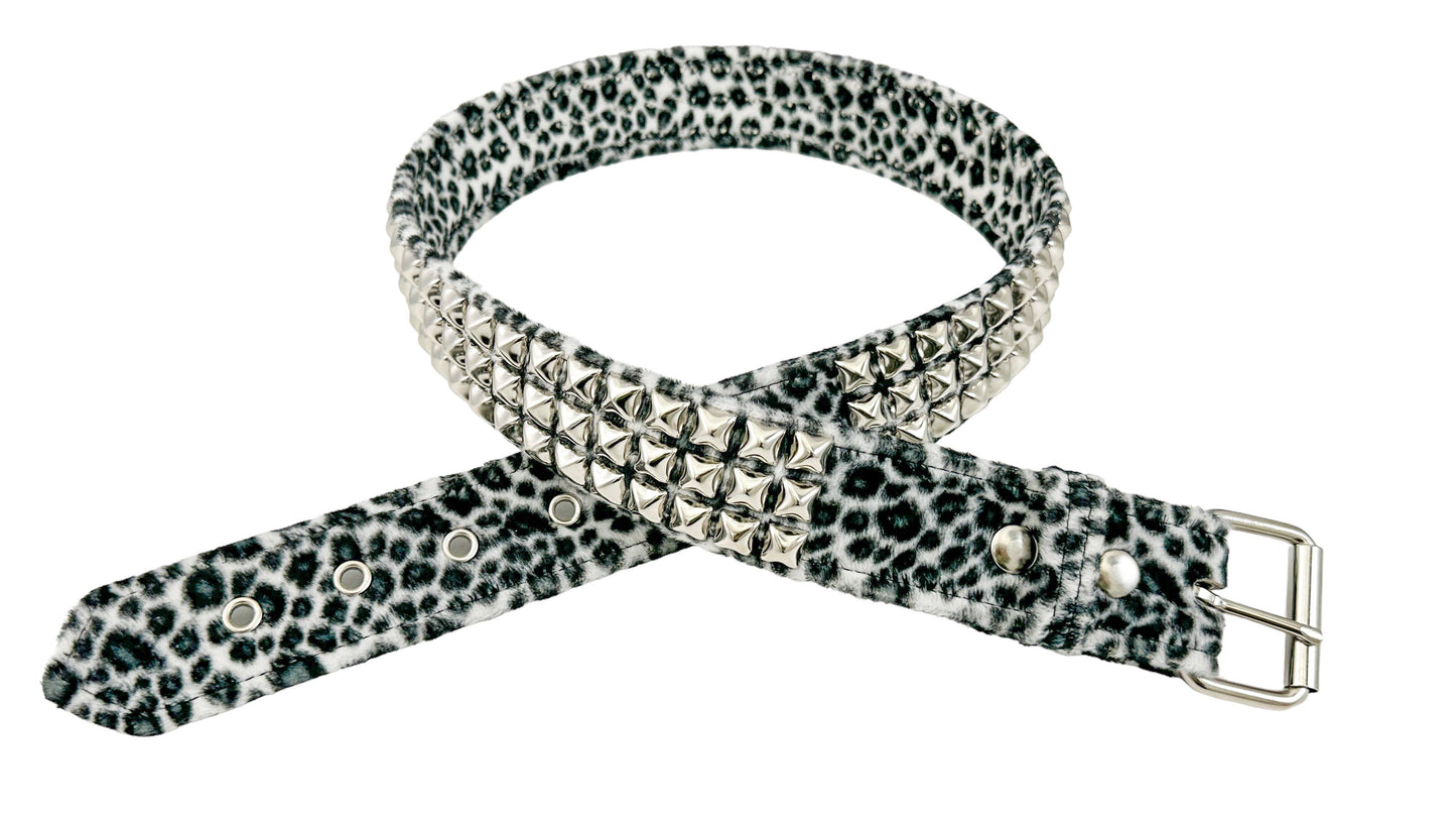 Leopard Fuzzy Fabric Studded Belt