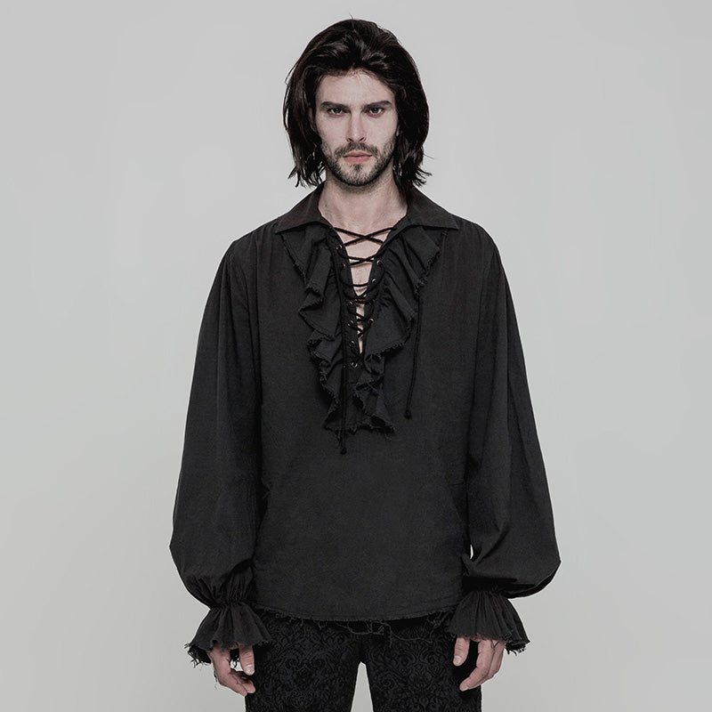 Eyelets Drawstring Design Inelastic Imitation Linen Fabric Steampunk Long Sleeve Shirt