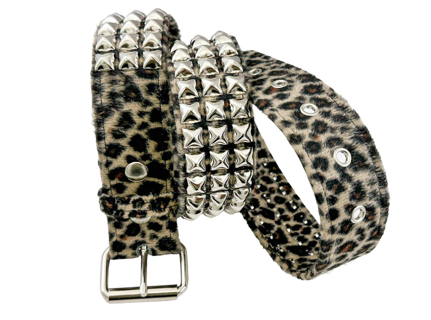 Leopard Fuzzy Fabric Studded Belt