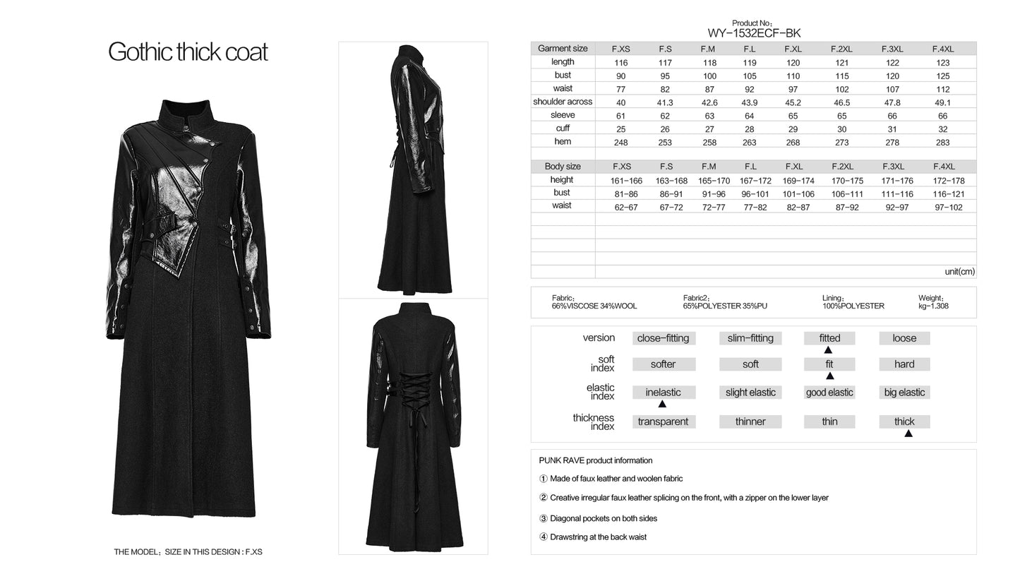 Drawstring Diagonal Pockets Creative Irregular Faux Leather Splicing Faux Leather And Woolen Fabric Gothic Thick Coat