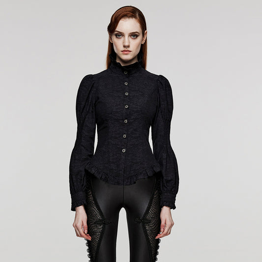Vintage Court Style Shirt Goth Jacquard Puff Sleeves Stand Collar Shirt Women Slim Fitting Waistband Blouse