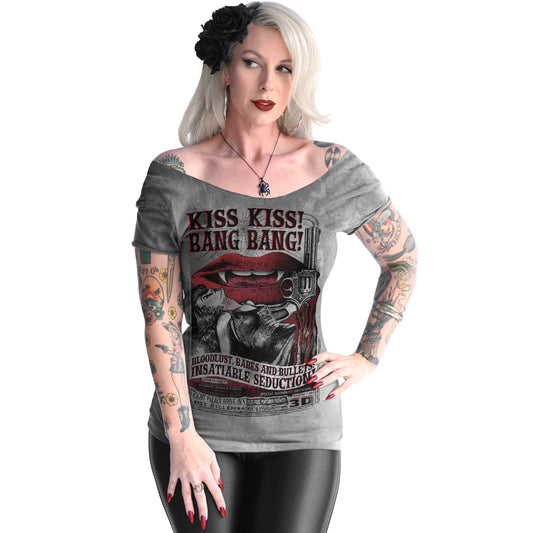 KISS KISS! BANG BANG! WOMEN'S OFF SHOULDER TEE