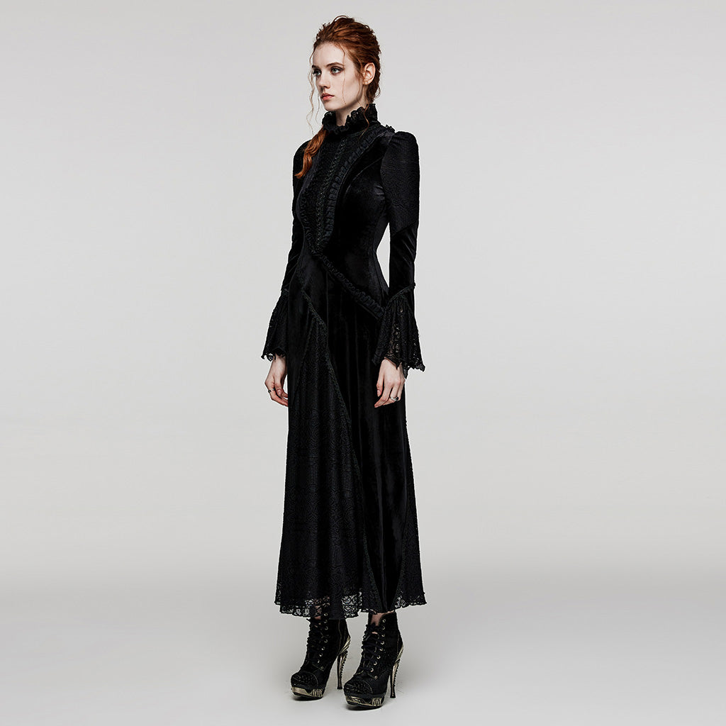 Ruffled Standing Collar With Flared Sleeves Elastic Velvet And Lace Gothic Daily Dress