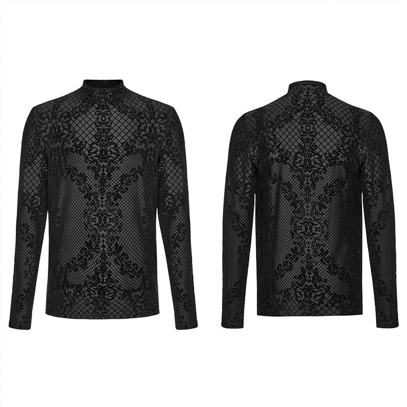 High Collar Unique Aesthetic Positioning Flocking Pattern Elastic Knitted Fabric Goth Flocking T-Shirt