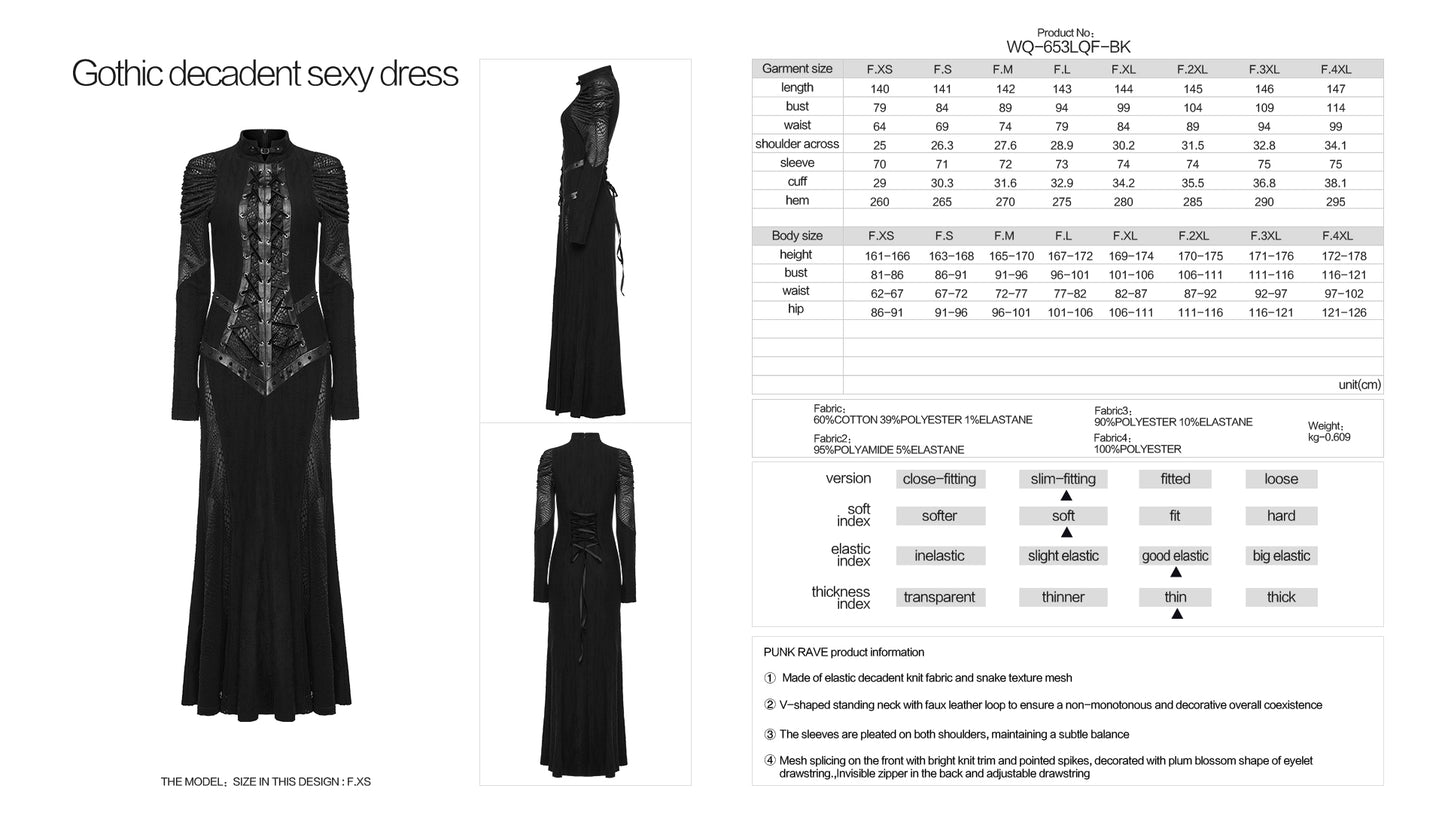 Shaped Standing Neck Elastic Decadent Knit Fabric And Snake Texture Mesh Gothic Decadent Sexy Dress