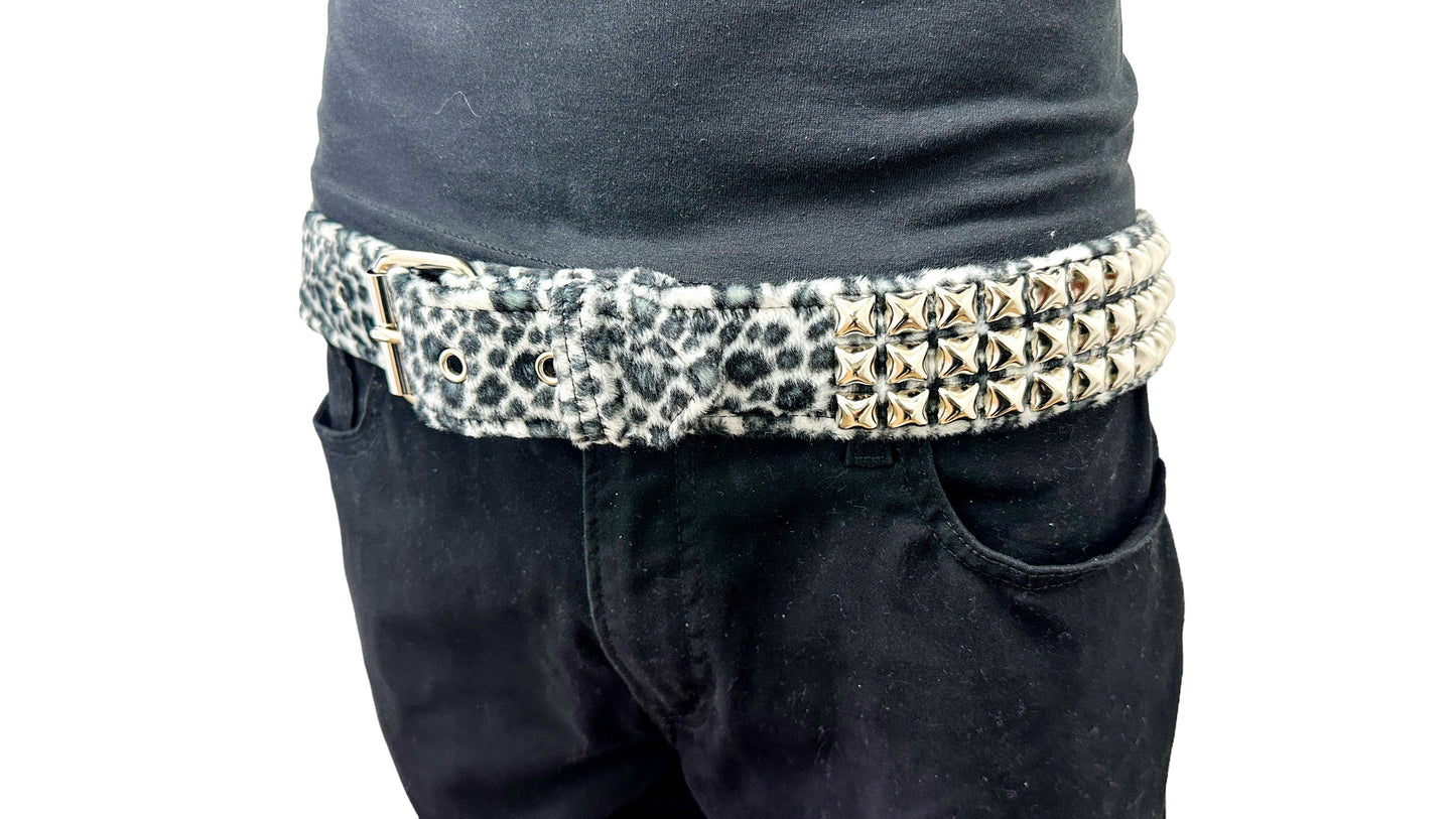 Leopard Fuzzy Fabric Studded Belt