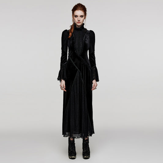 Ruffled Standing Collar With Flared Sleeves Elastic Velvet And Lace Gothic Daily Dress