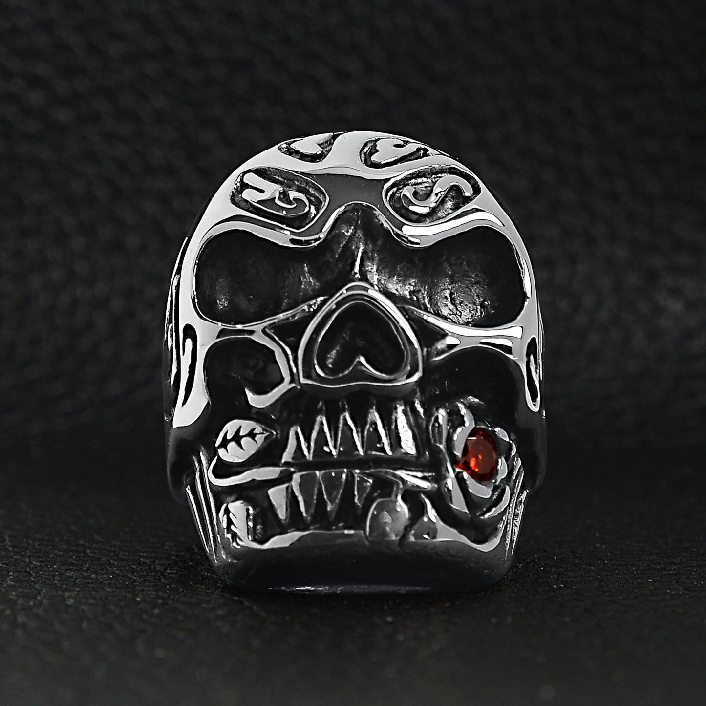 Stainless Steel Skull Biting a Red CZ Accented Rose Ring