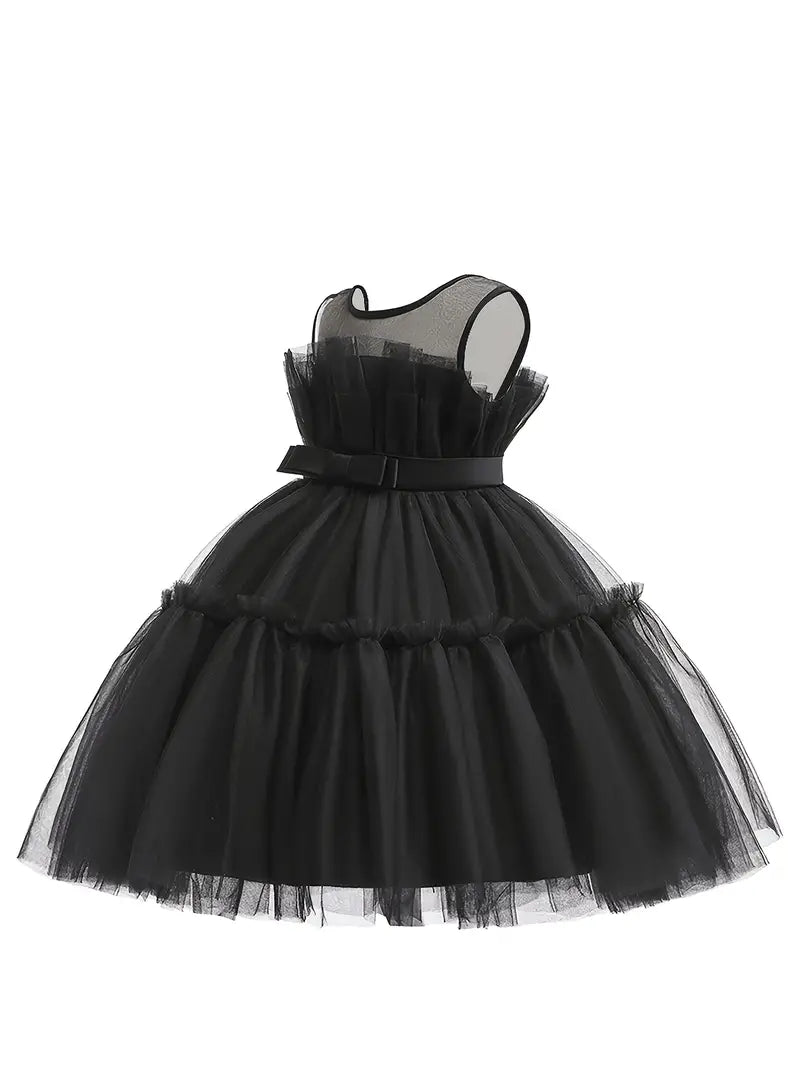 Elegant Black Mesh Ruffled Sleeveless Princess Dress - Youth