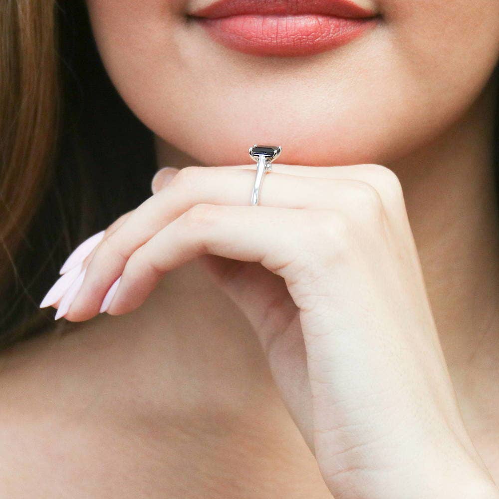Sterling Silver Solitaire Black Emerald Cut CZ Ring