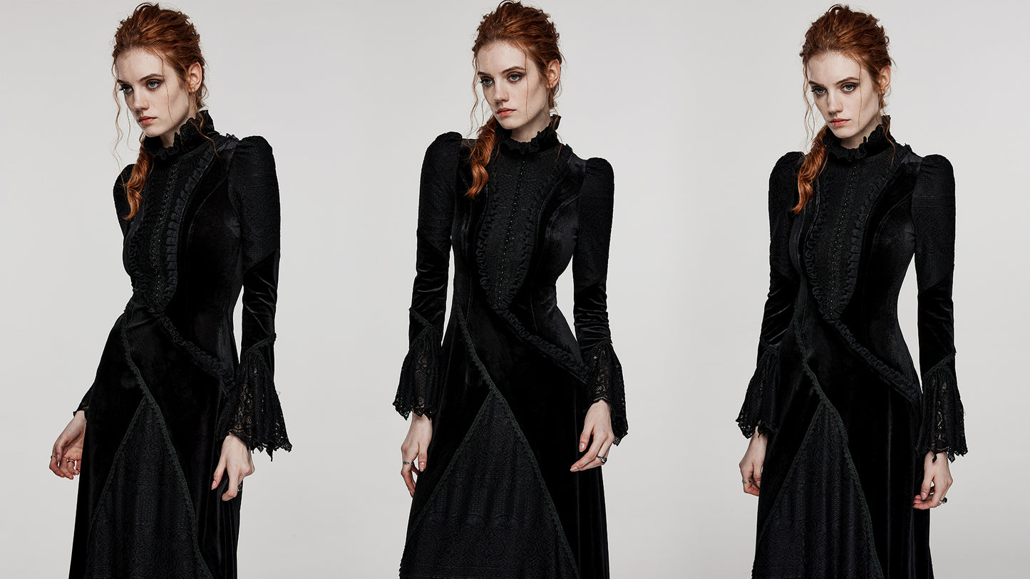 Ruffled Standing Collar With Flared Sleeves Elastic Velvet And Lace Gothic Daily Dress