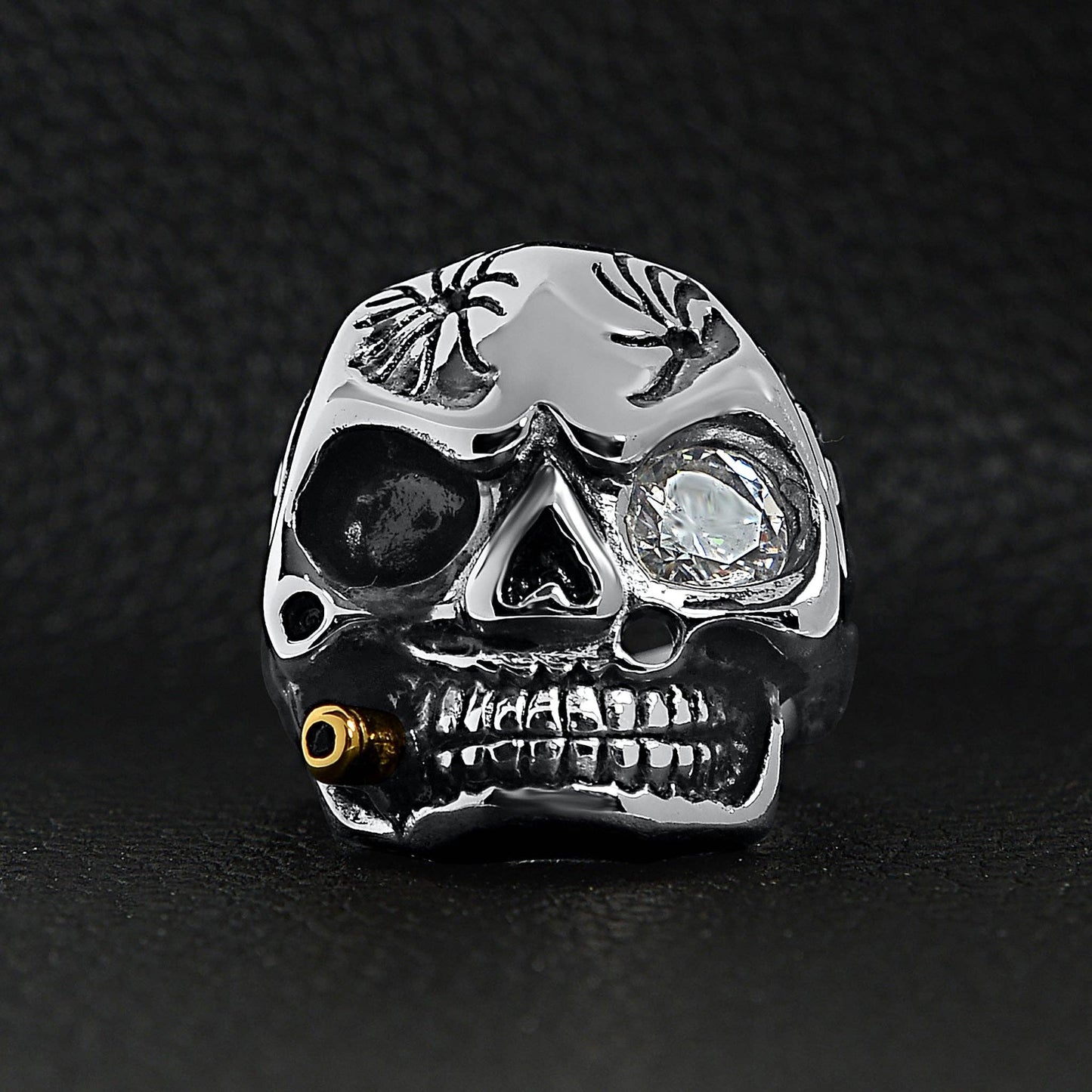 Stainless Steel Skull Smoking 18K Gold PVD Coated Cigar And Single CZ Eye Ring