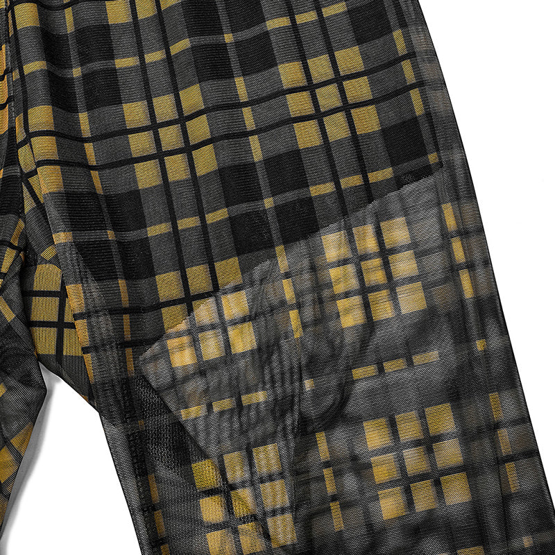 Punk Sexy Elastic Mesh Perspective Yellow Plaid Simple Tight Leggings