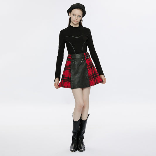 Rigid Cracked Fine Faux Leather Comfortable And Warm Plaid Splicing Skirt