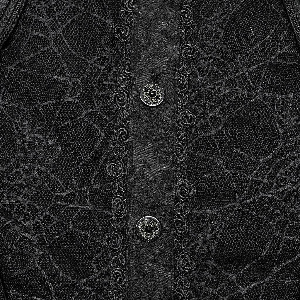 Goth Spider Mesh Printing Lantern Sleeve Stand Collar Shirt