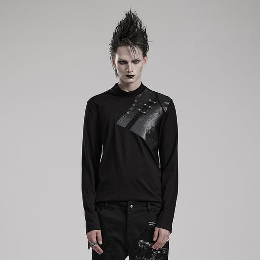 Geometric Pattern Design Qualified Metal Zipper Stretch-Knit And Twill Rubberized Fabric Punk Daily T-Shirt