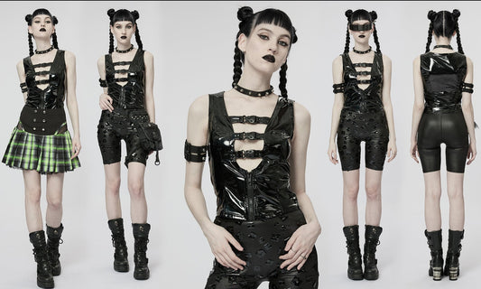 Punk Sexy Hollow Out Bright Patent Leather Vest