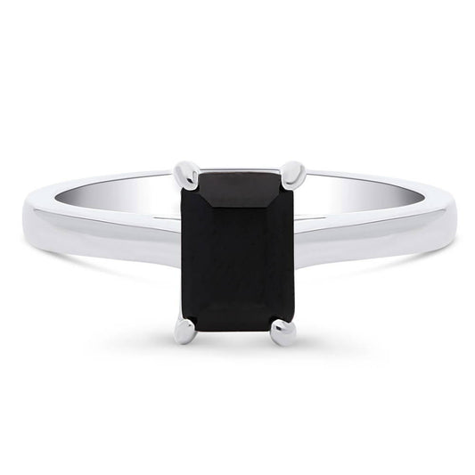 Sterling Silver Solitaire Black Emerald Cut CZ Ring