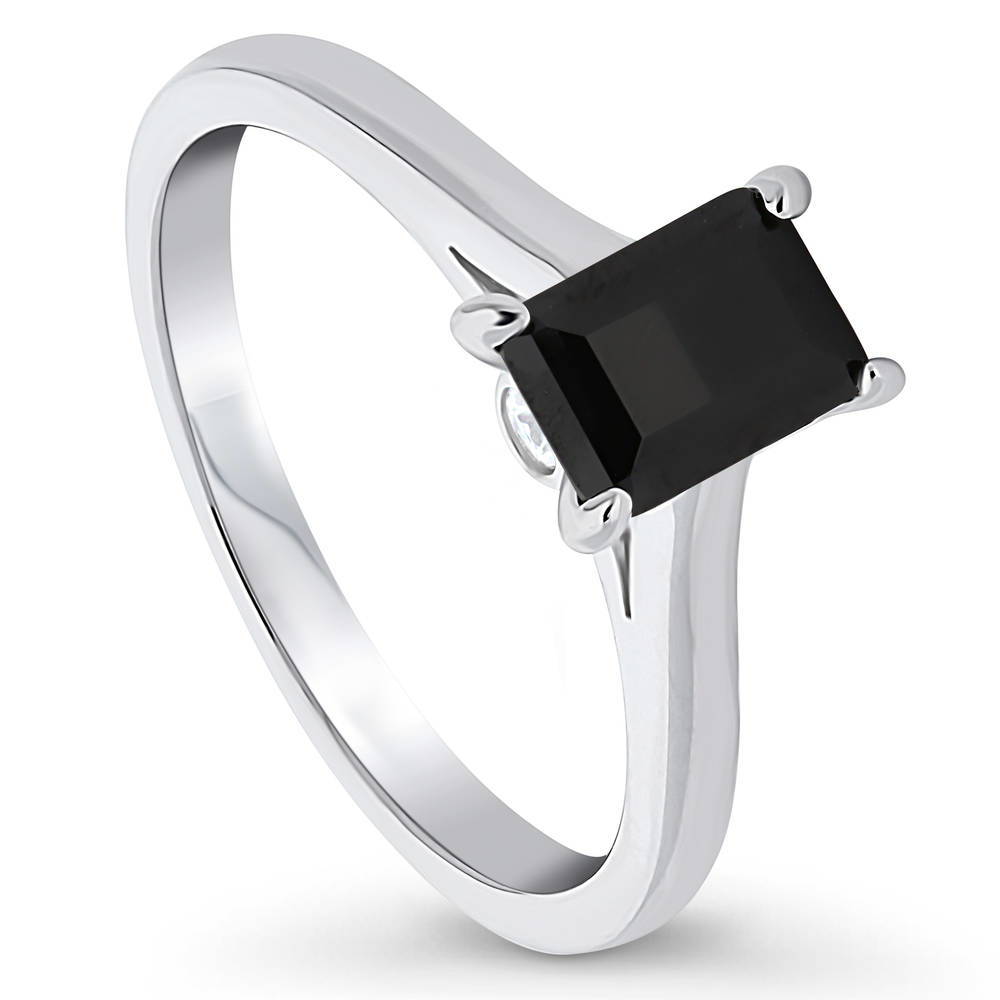 Sterling Silver Solitaire Black Emerald Cut CZ Ring