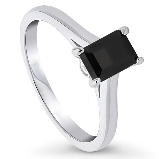 Sterling Silver Solitaire Black Emerald Cut CZ Ring