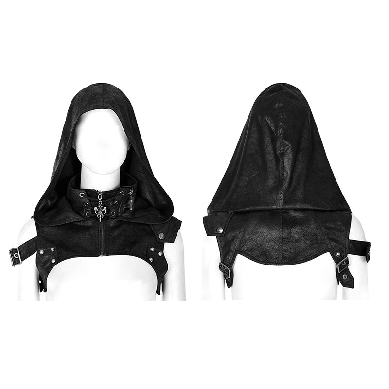 Gothic Cracked Faux Leather Hooded Shoulder Harness