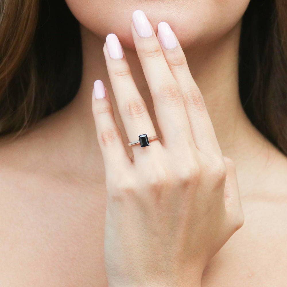 Sterling Silver Solitaire Black Emerald Cut CZ Ring