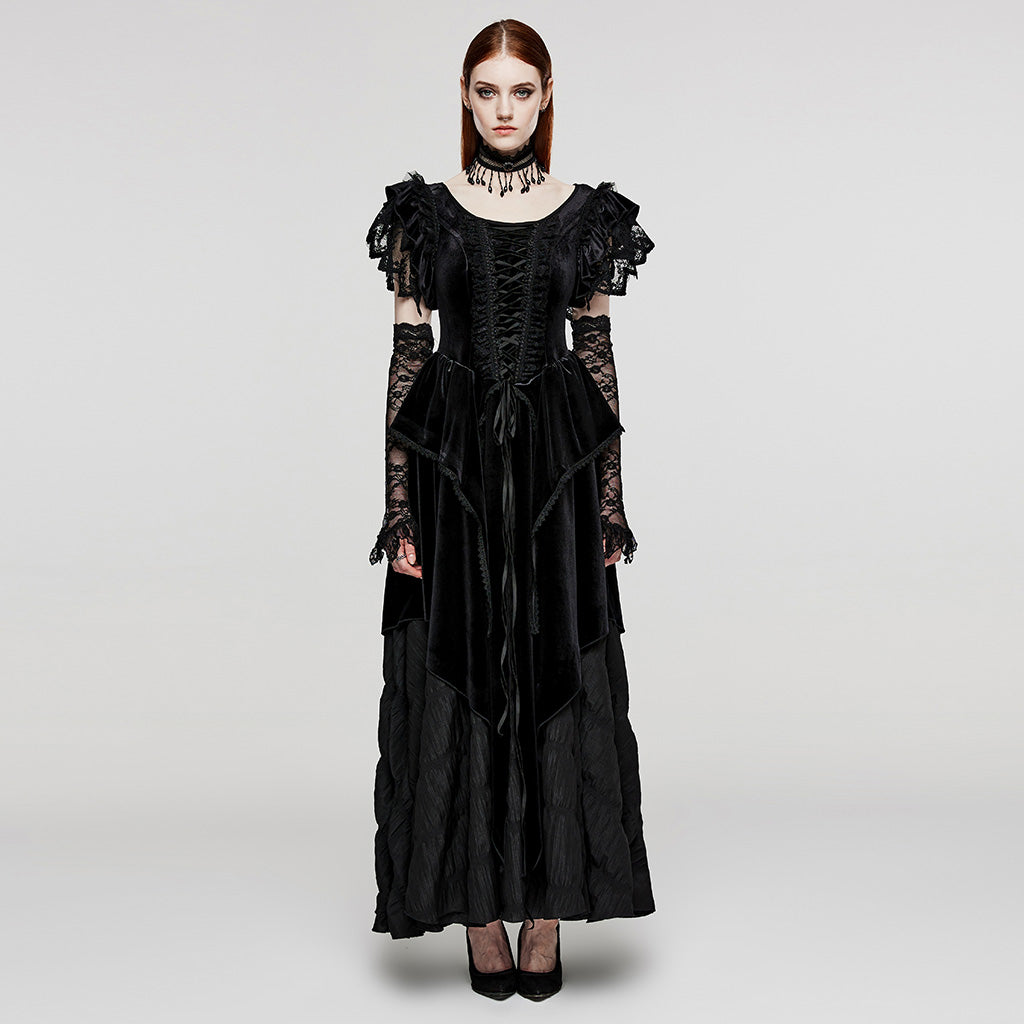 Flying Sleeve Design V-Shaped Applique Elastic Dense Velvet And Woven Pleated Fabric Goth Pointed Dress Skirt